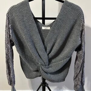 Thinkable Charcoal V-Neck Sweater with Front Twist & Lace Sleeves